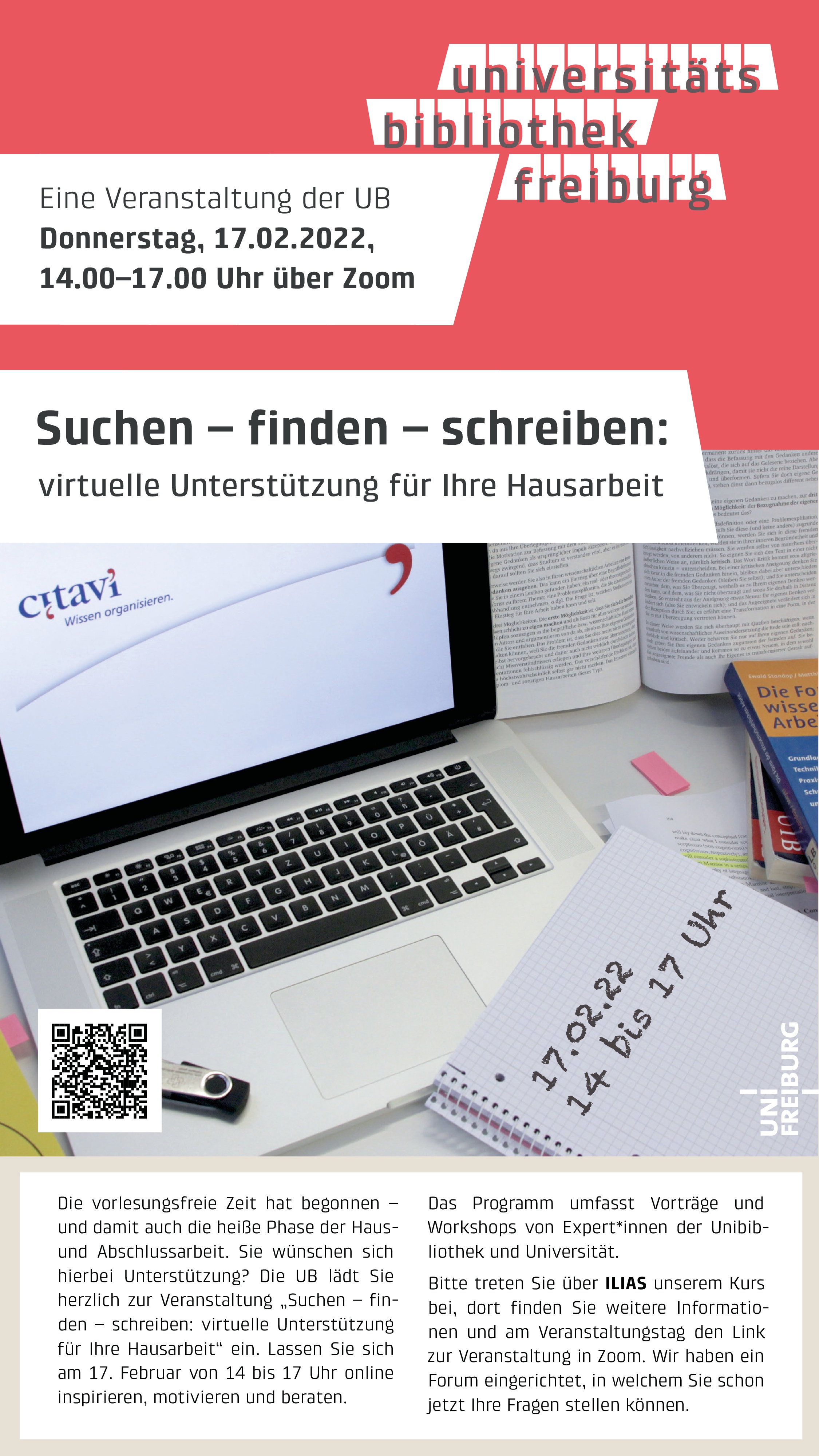 Veranstaltung "Suchen - Finden - Schreiben: virtuelle Unterstützung für Ihre Hausarbeit" der UB am 17.02.22